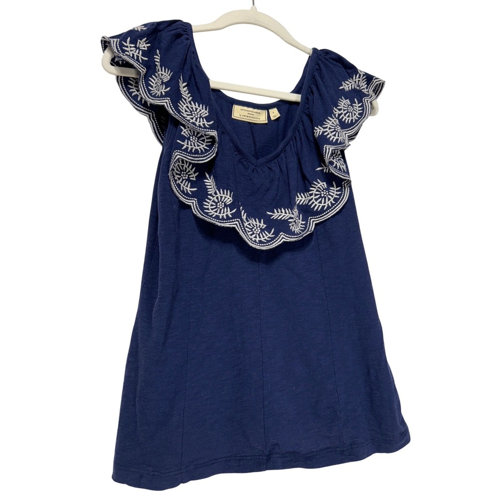 Moulinette Soeurs Anthropologie Embroidered Ruffle Flutter Sleeve Top Blue Sz M